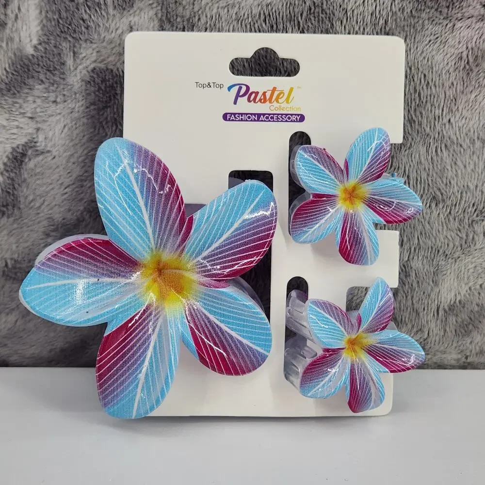 3 pc Hawaiian Flower Claw Clip Set - Hair Accessories - Blue & Purple Plumeria